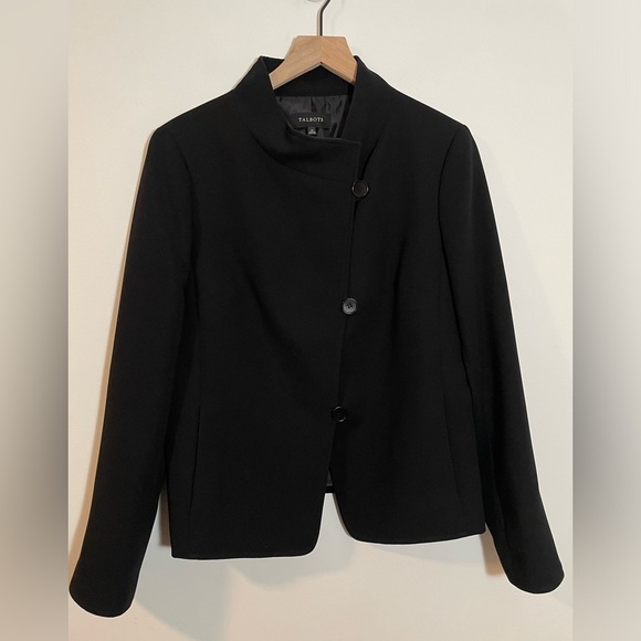 Talbots Blazer Jacket Black Lined Asymmetric Button Front Stand Collar Size 12 - Picture 1 of 9